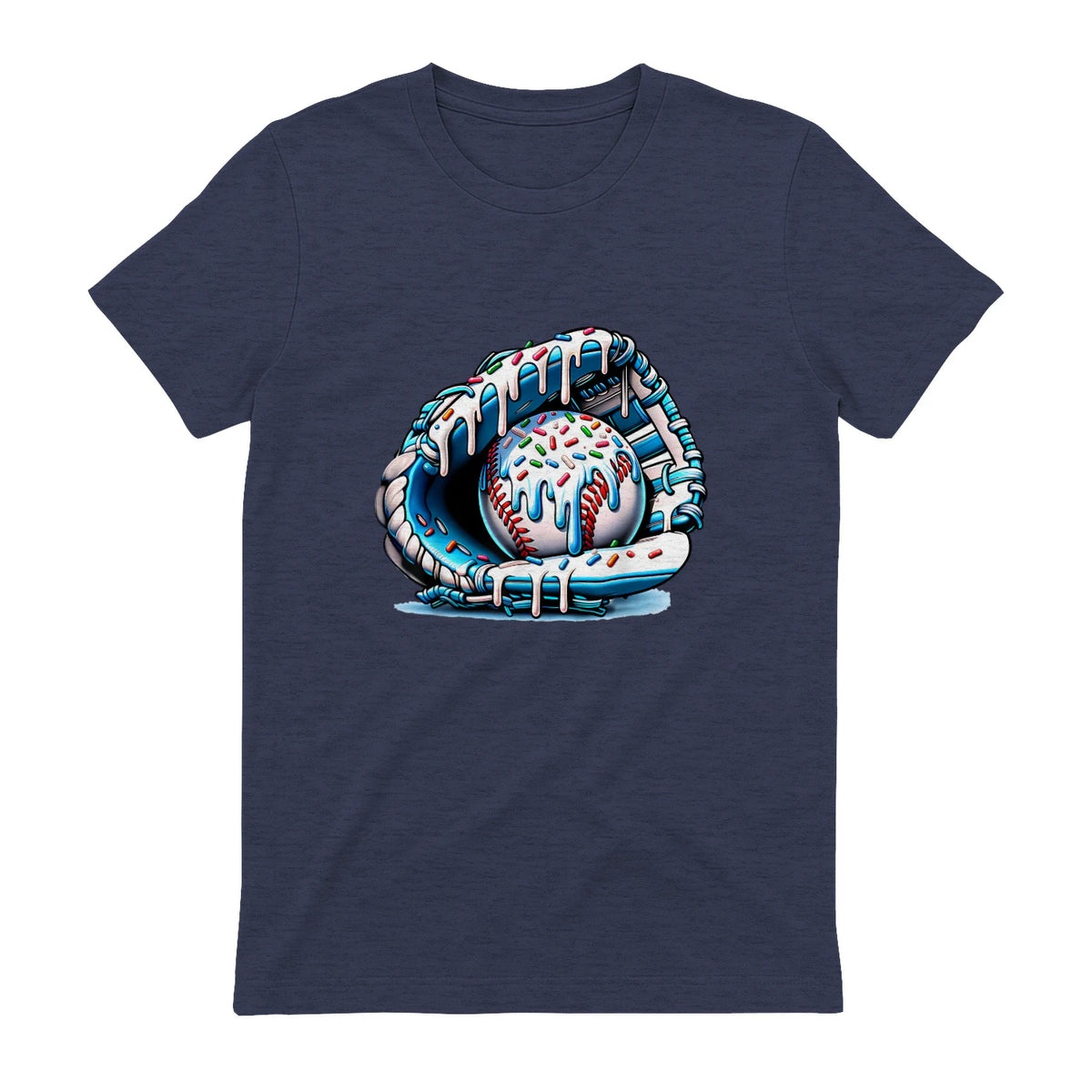 Baseball Drip Ice Cream Sprinkles Baseball Glove T-Shirt in Heather Navy - back view