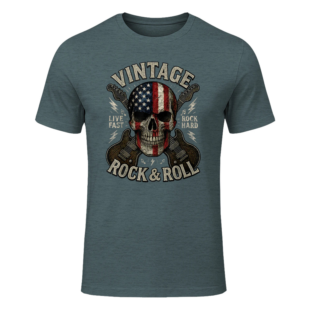 Vintage Rock Skull American Flag Guitar Retro Rock and Roll T-Shirt in Dark Heather - front view