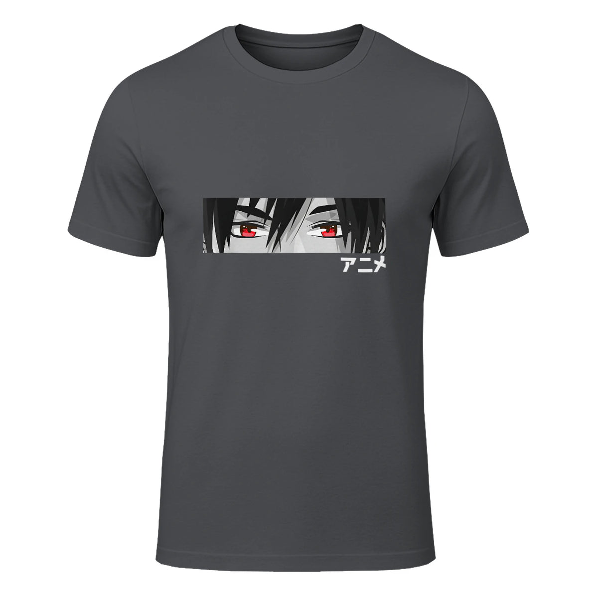 Anime in Japanese Characters Kawaii Eyes Face Short Sleeve in Charcoal - front view