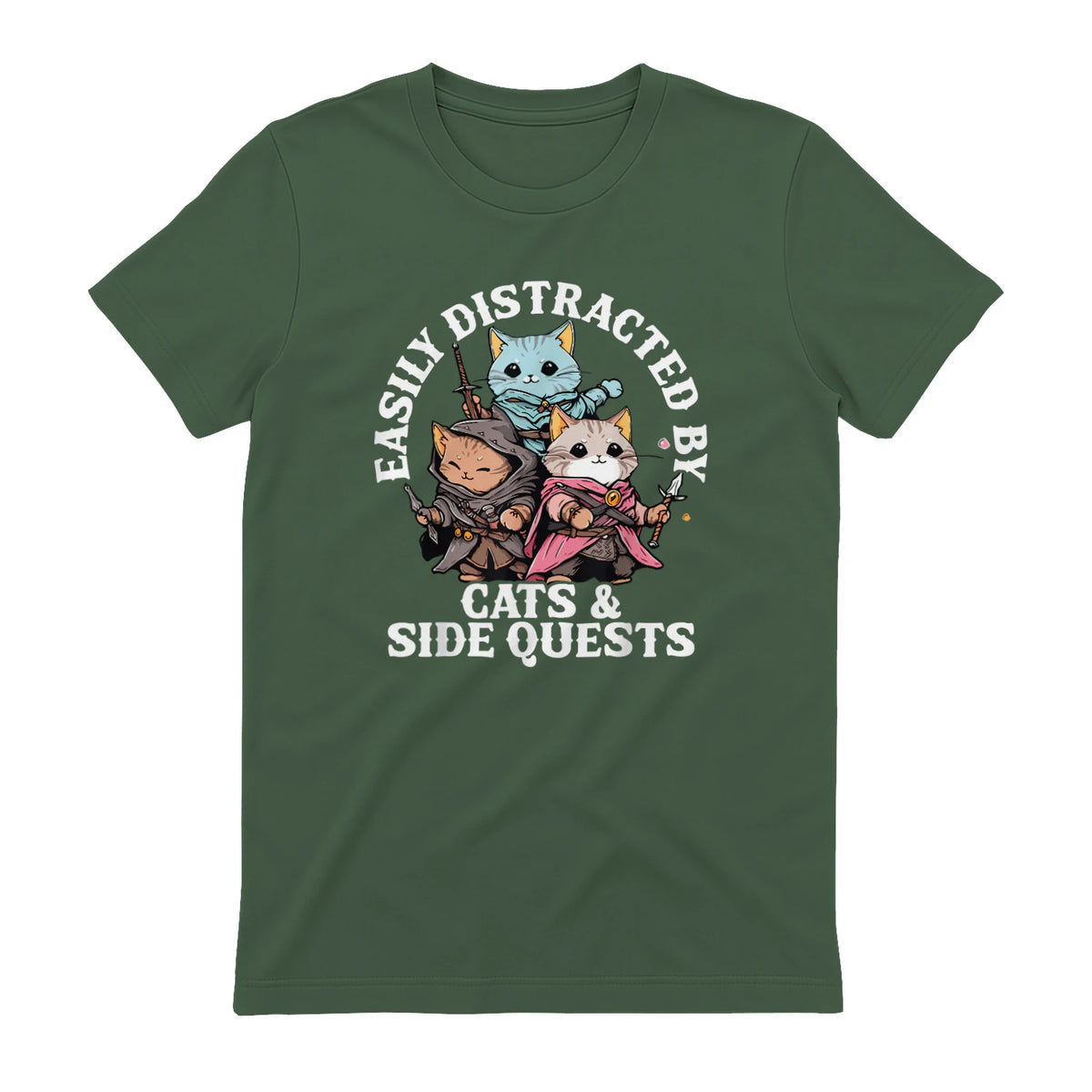 Cats Side Quest Funny Tabletop T-Shirt in Military Green - back view