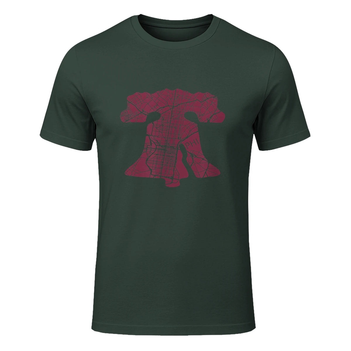 Philadelphia Street Map Liberty Bell Vintage Maroon Philly T-Shirt in Forest Green - front view