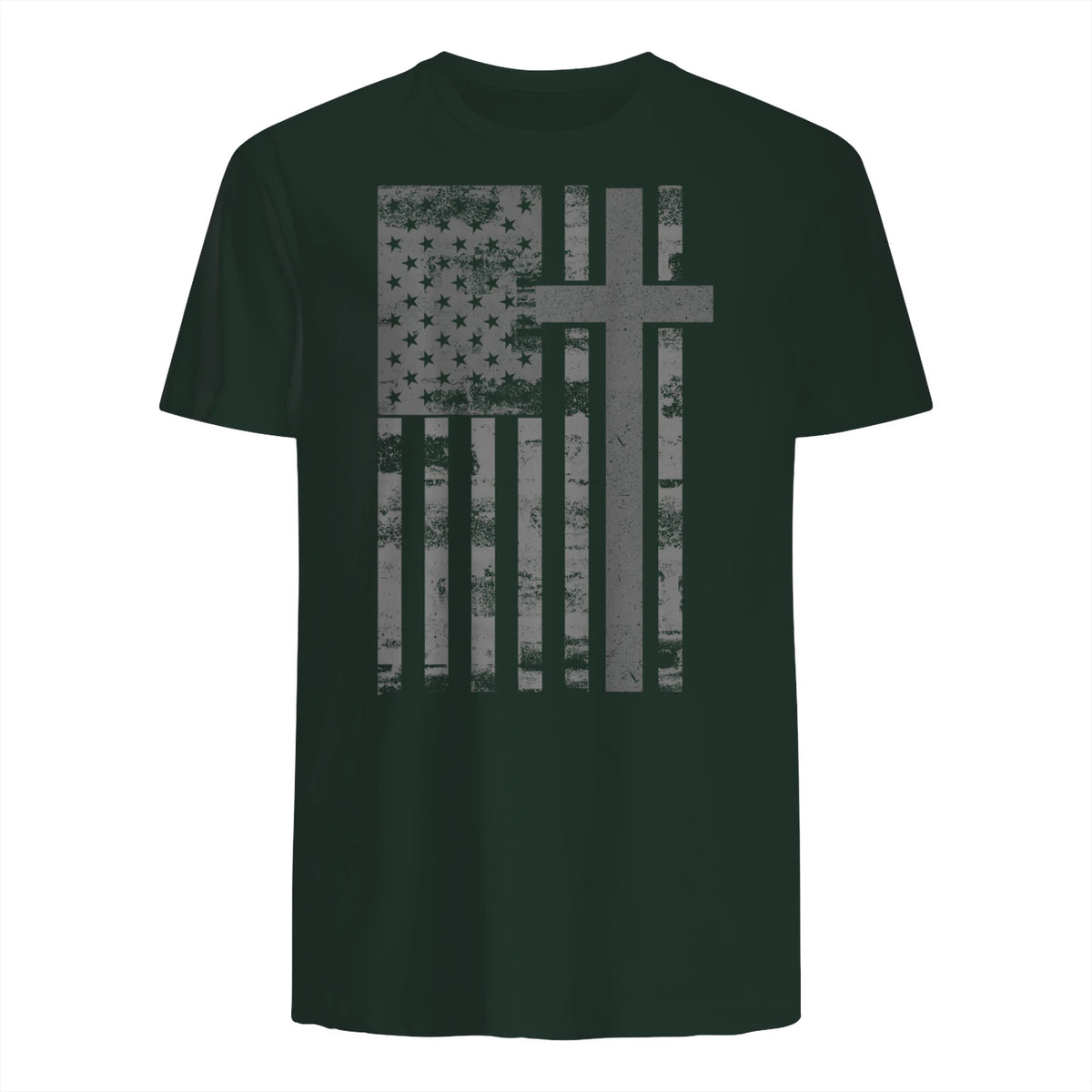 (Art) American Flag Christian Faith Cross Patriotic T-Shirt in Forest Green - back view