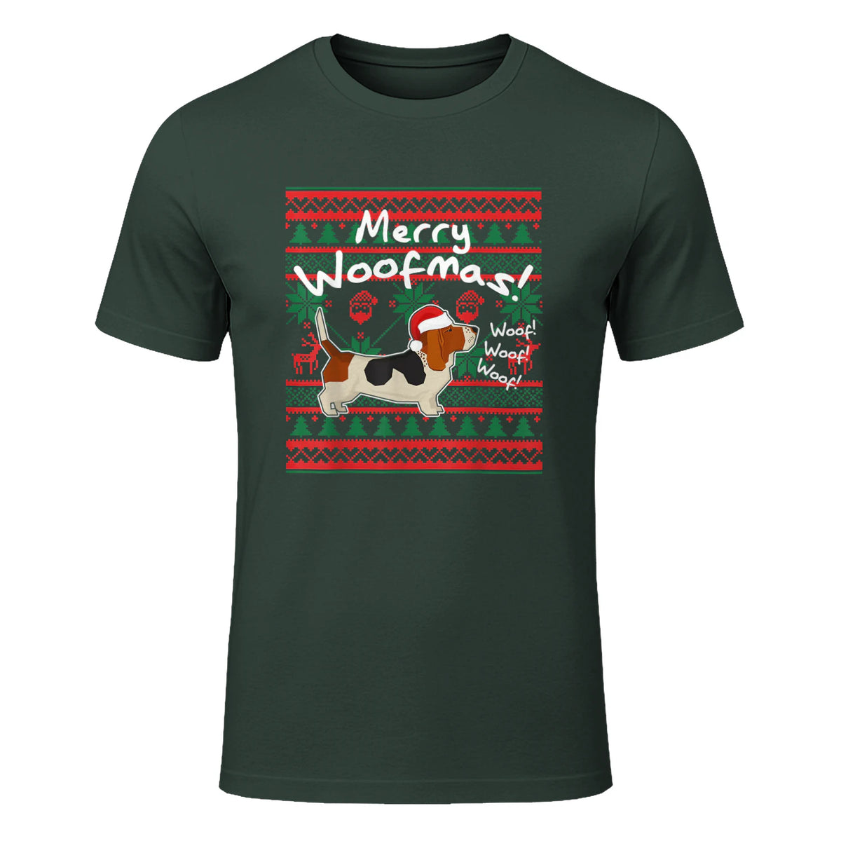Basset Hound Chemise de Noël Merry Woofmas Père Noël Chien in Forest Green - front view