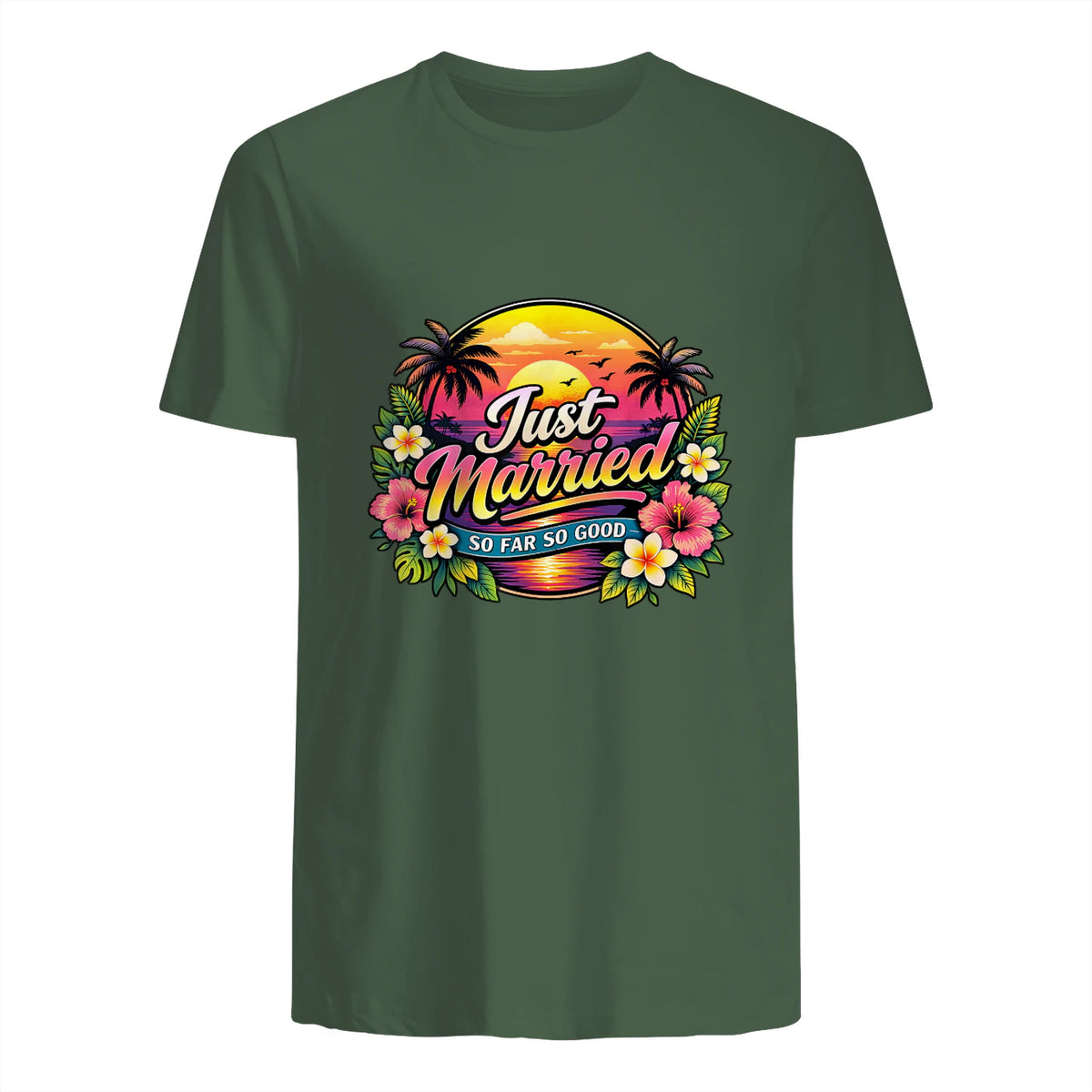 Couple de Jeunes mariés drôle Just Married Tropical Honeymoon in Military Green - back view
