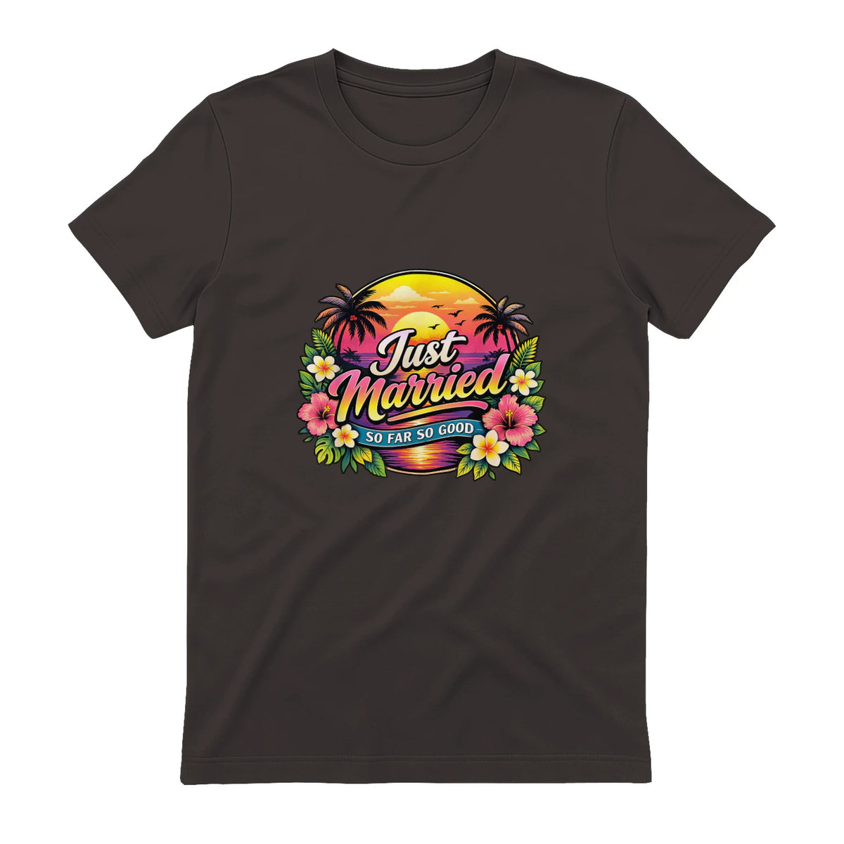 Couple de Jeunes mariés drôle Just Married Tropical Honeymoon in Dark Chocolate - back view