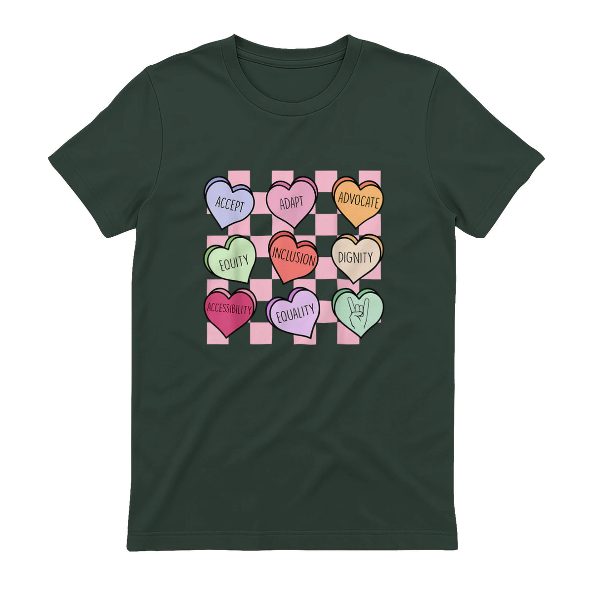 Special Education Teacher Candy Heart Valentines Day Love T-Shirt in Forest Green - back view
