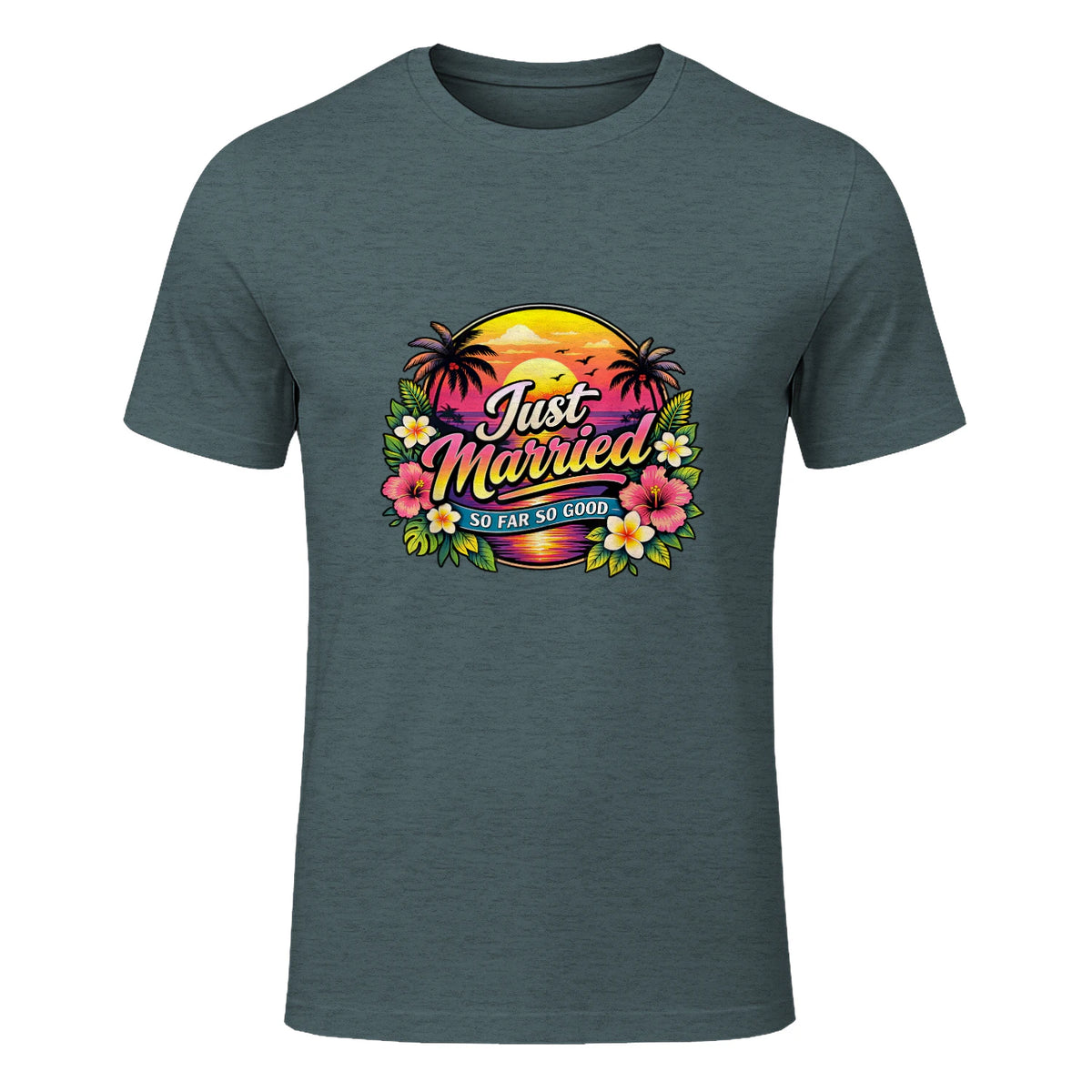 Couple de Jeunes mariés drôle Just Married Tropical Honeymoon in Dark Heather - front view