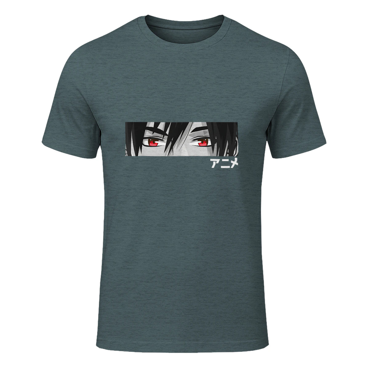 Anime in Japanese Characters Kawaii Eyes Face Short Sleeve in Dark Heather - front view