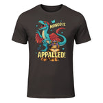 Retro Mongo is Appalled Princess Cat Riding Dinosaur Womens T-Shirt in Dark Chocolate - front view