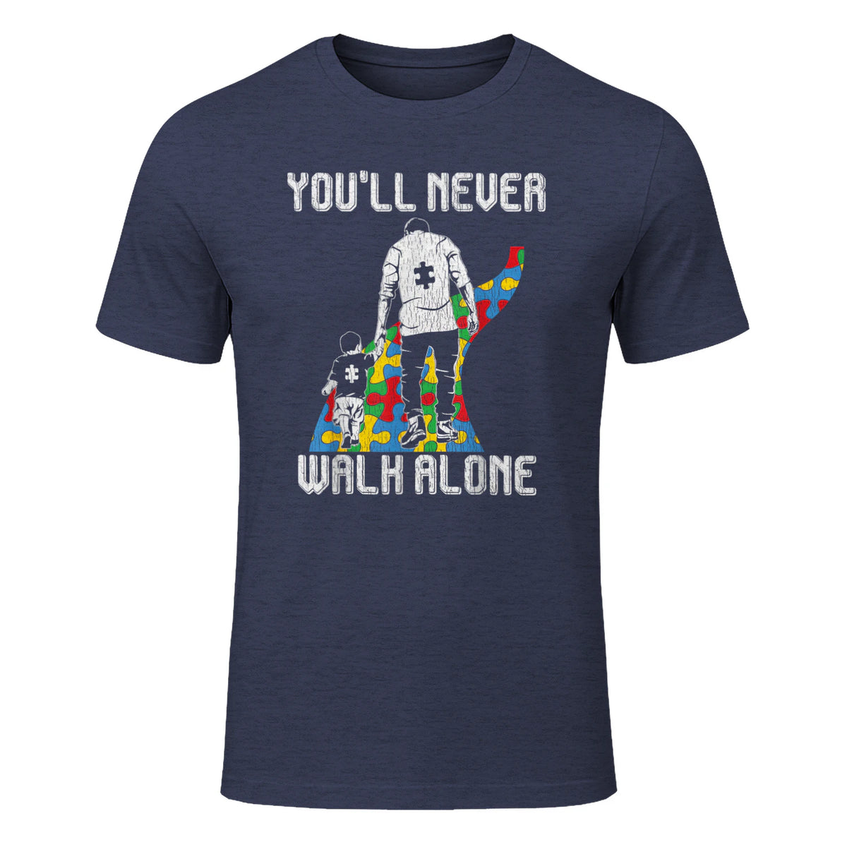 Vintage Father Son Family Autistic Kids Autism Awareness Dad in Heather Navy - front view