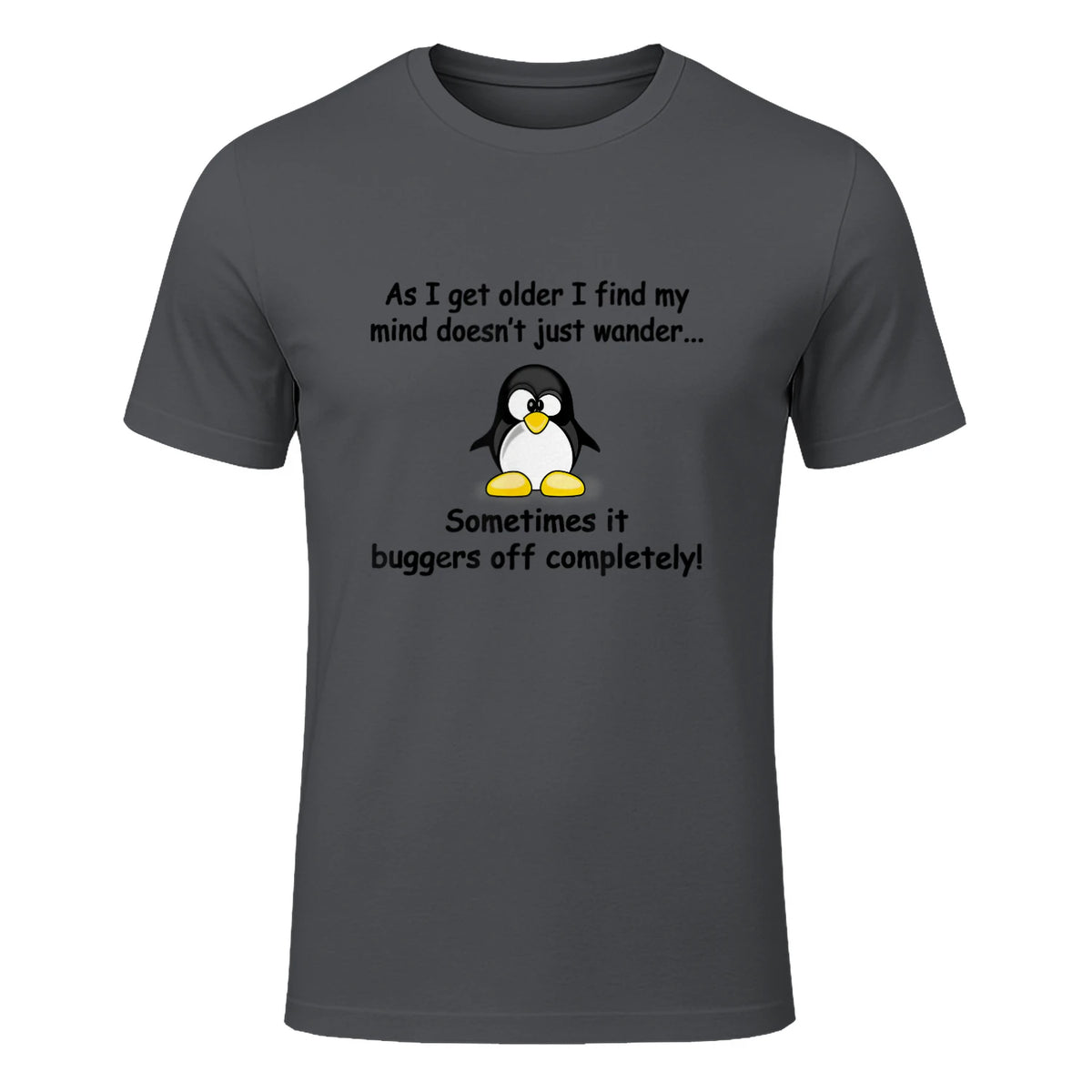 Funny silly penguin t-shirt mens ladies retirement gift in Charcoal - front view
