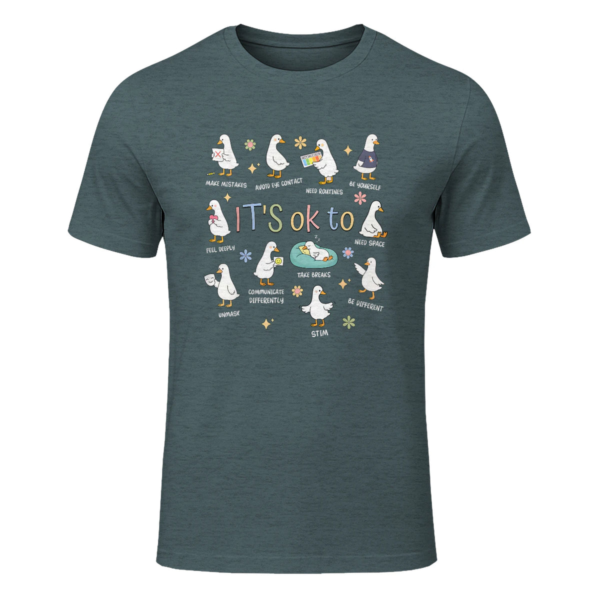 Funny It’s Ok to Be Different Autism Goose Teacher in Dark Heather - front view