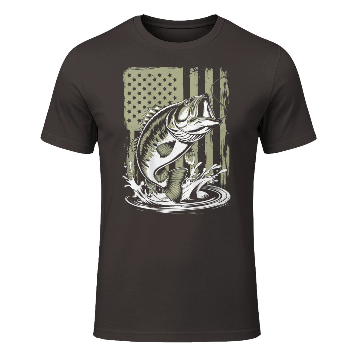 Fishing Camo Bass Fish American Flag Men's Fisherman Gift T-Shirt in Dark Chocolate - front view