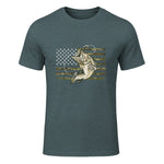 Fishing Camouflage US American Flag Bass Fish Fisherman Camo T-Shirt in Dark Heather - front view