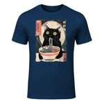 Kawaii Cat Eating Ramen Noodles Funny Anime Gift Girls Teens T-Shirt in Navy - front view