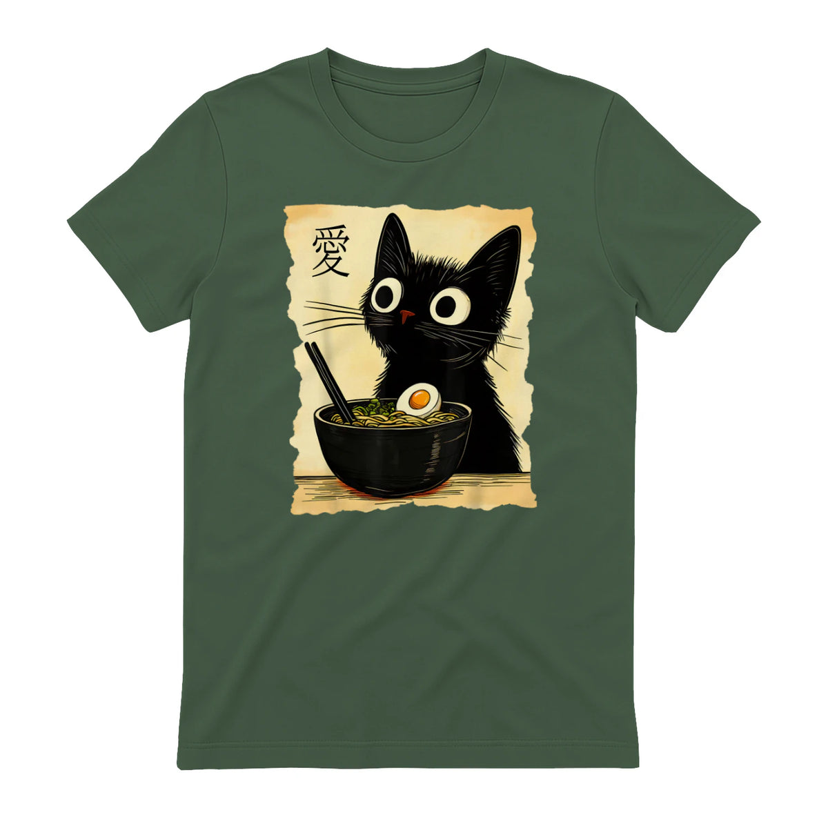 Funny Cat Ramen Graphic Tee Japanese Kawaii Anime Cat T-Shirt in Military Green - back view
