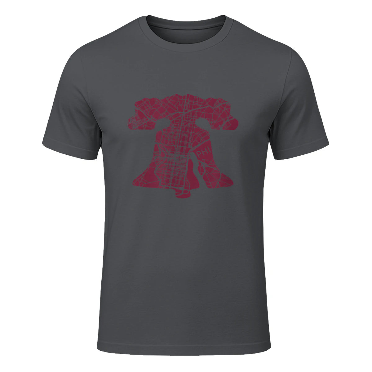 Philadelphia Street Map Liberty Bell Vintage Maroon Philly T-Shirt in Charcoal - front view