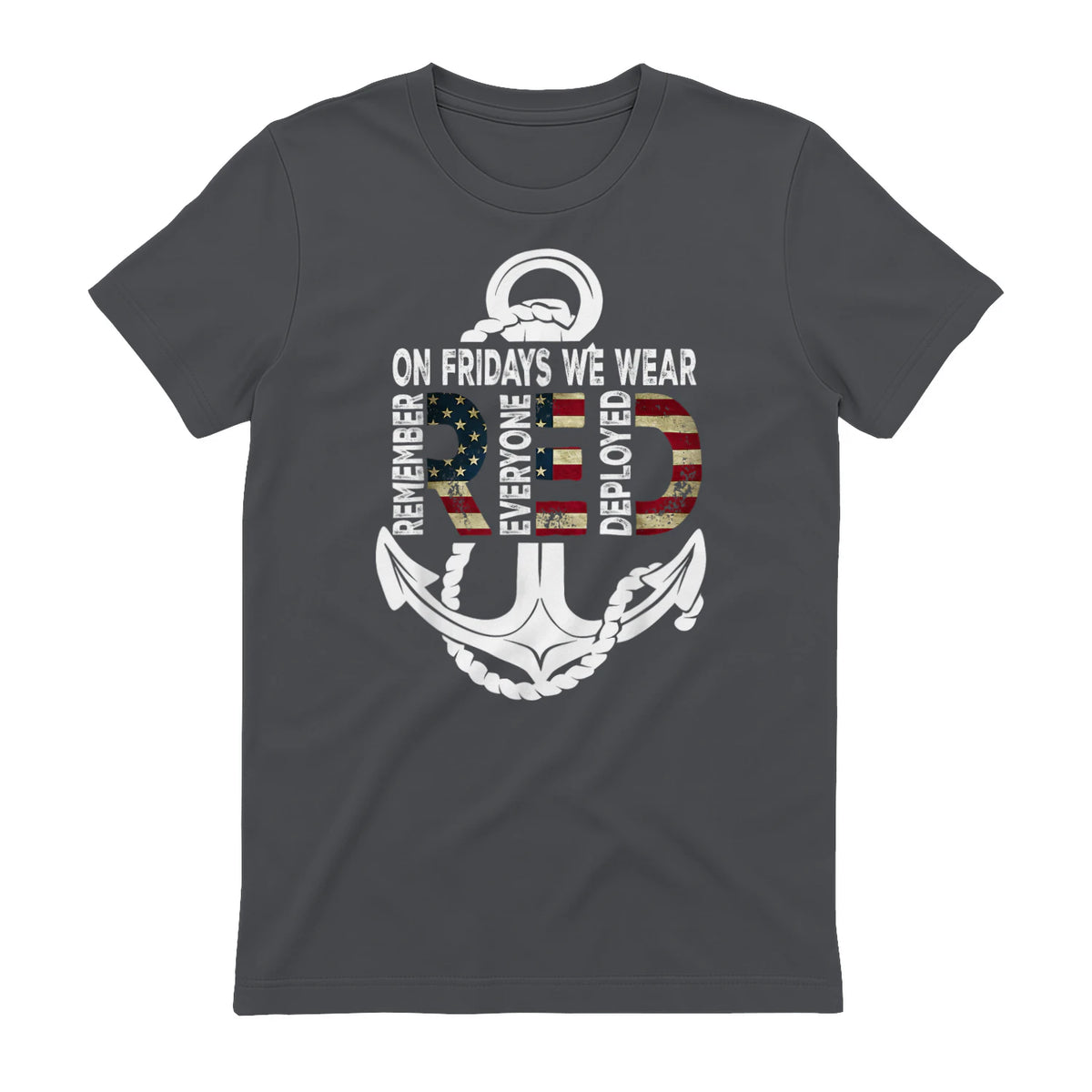 On Fridays We Wear Red Remember Everyone Deployed Navy T-Shirt in Charcoal - back view