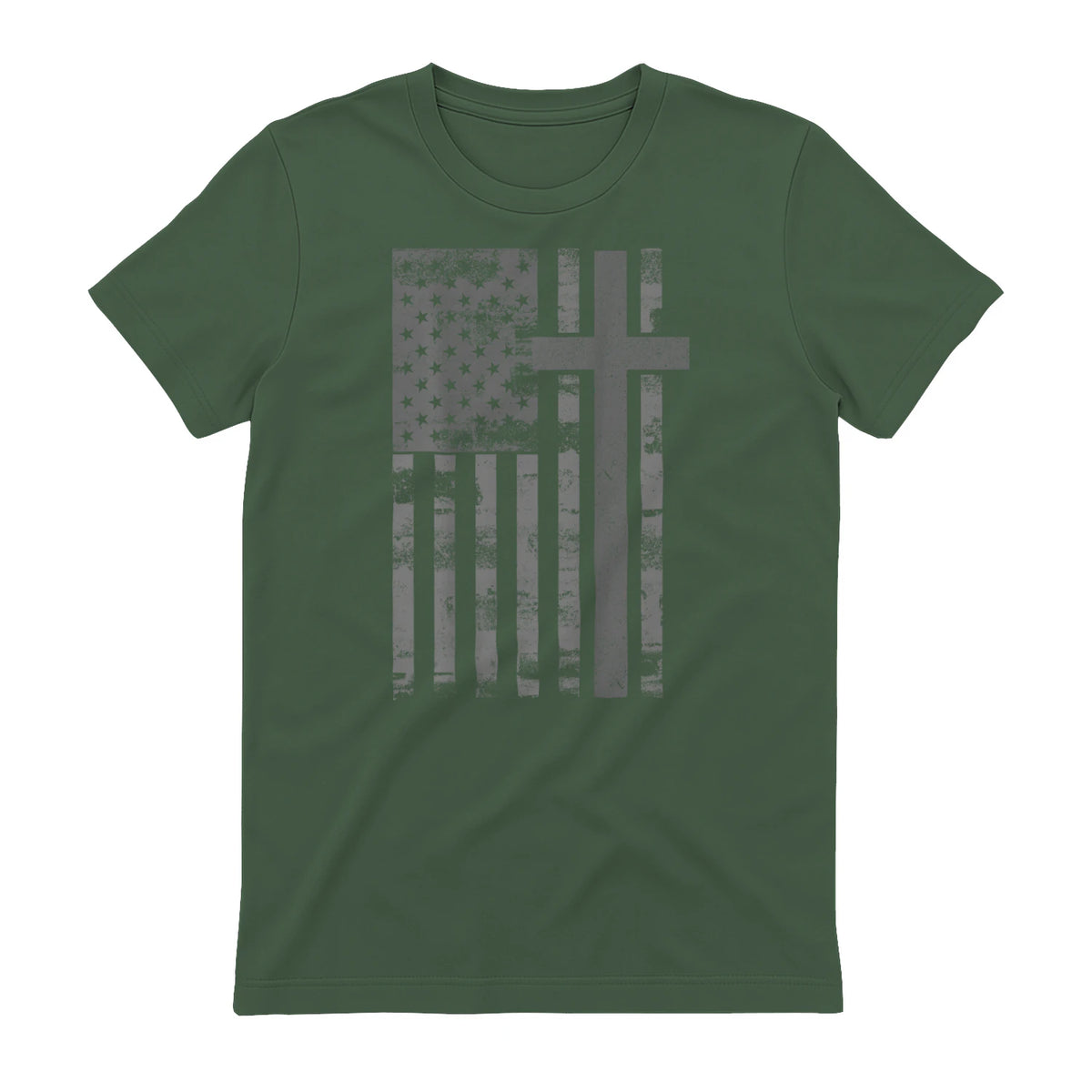 (Art) American Flag Christian Faith Cross Patriotic T-Shirt in Military Green - back view