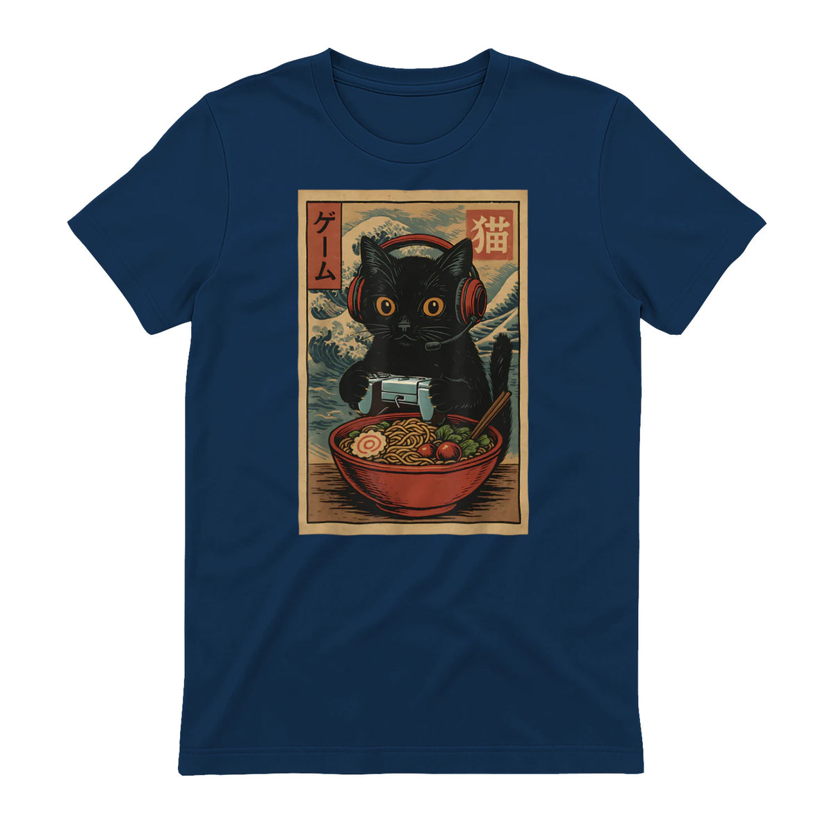 Cute Kawaii Gamer Cat Funny Ramen Retro Japanese Cat Gaming T-Shirt in Navy - back view