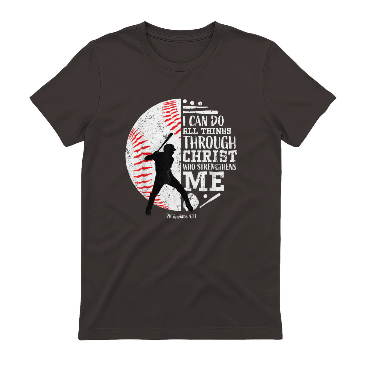 Philippians Four Thirteen Baseball Player Graphic with Bible Verse T-Shirt in Dark Chocolate - back view
