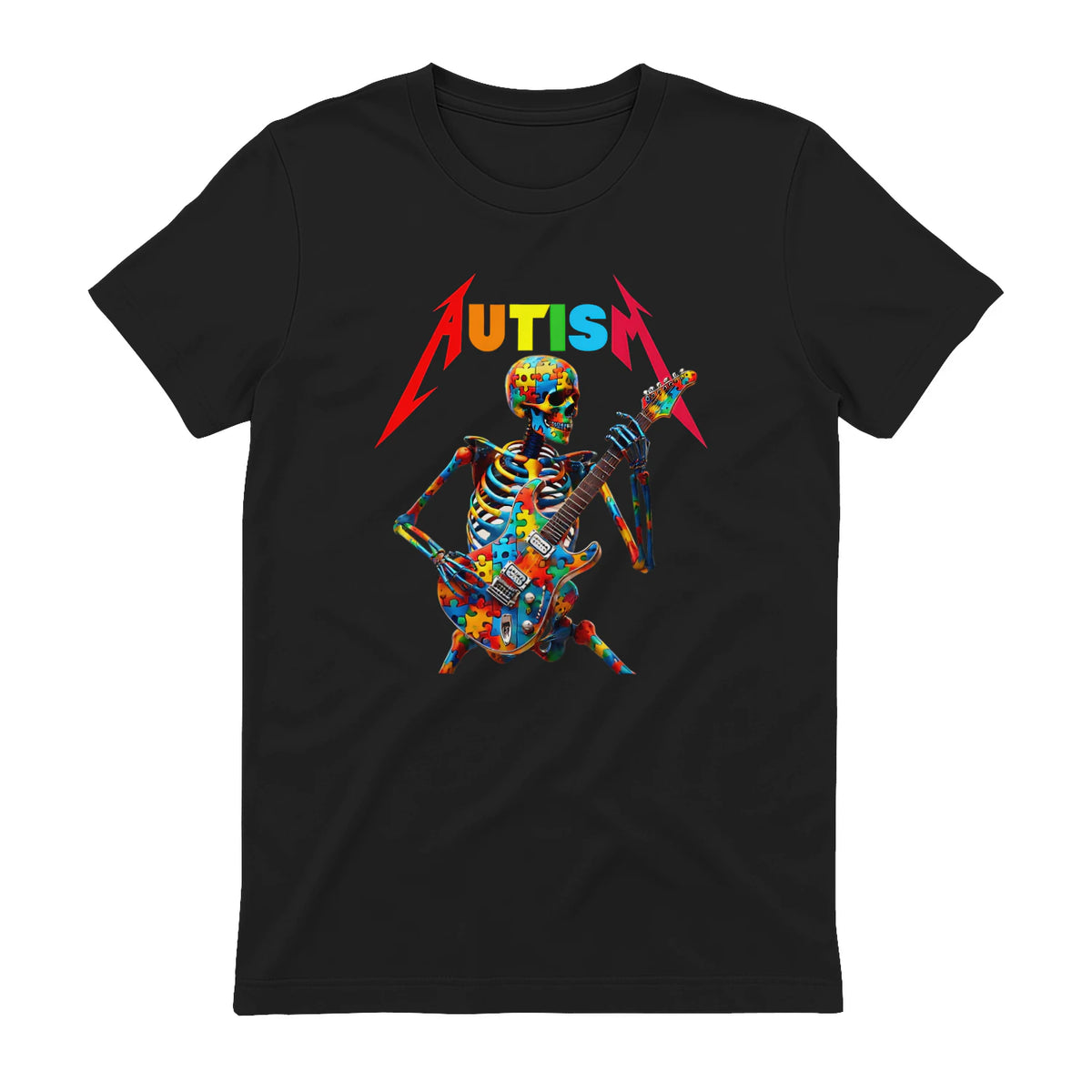 Autism Skeleton Guitar Player Rock Music Autism Awareness in Black - back view