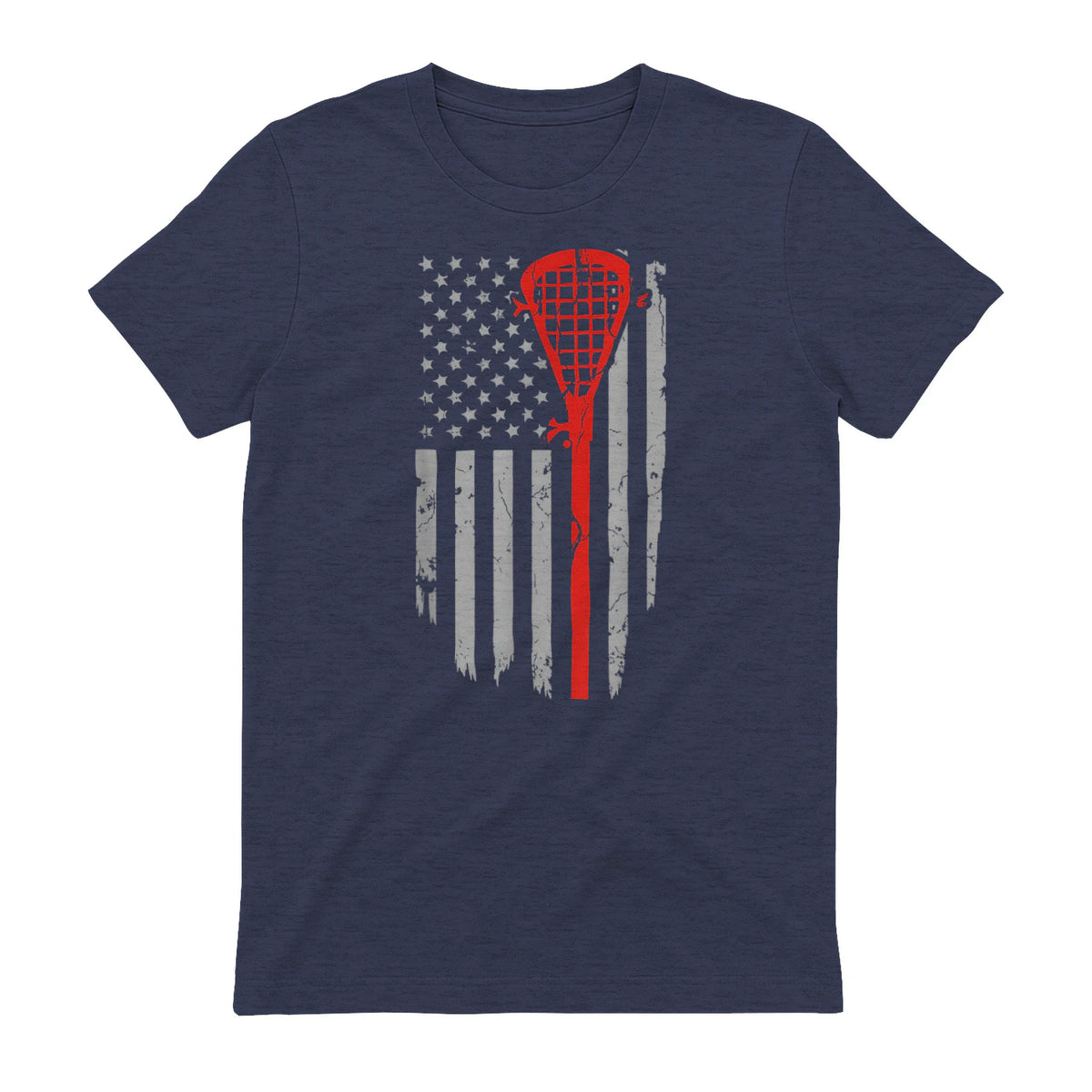Vintage American Flag Lacrosse Youth Apparel, Boys Men USA T-Shirt in Heather Navy - back view