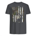 Camo US Flag Deer Elk Buck Camoflage Hunting Hunter Dad Gift Short Sleeve in Charcoal - back view