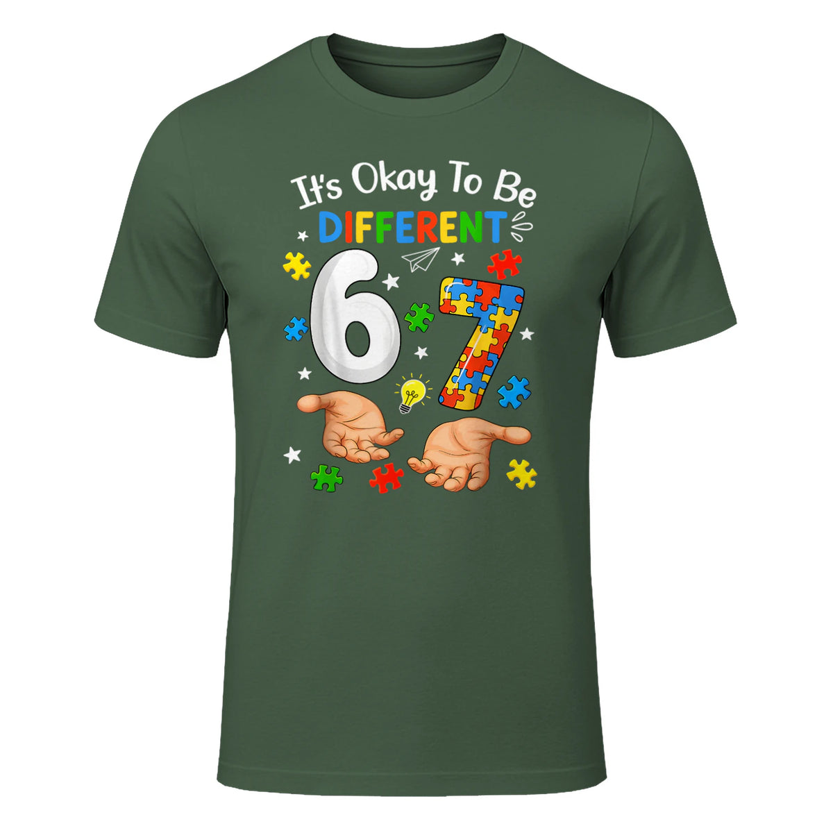 Six Seven Autism Awareness T-Shirt in Military Green - front view