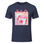 Funny Retro Nineties Japanese Kawaii Strawberry Milk Shake Carton T-Shirt in Heather Navy - front view