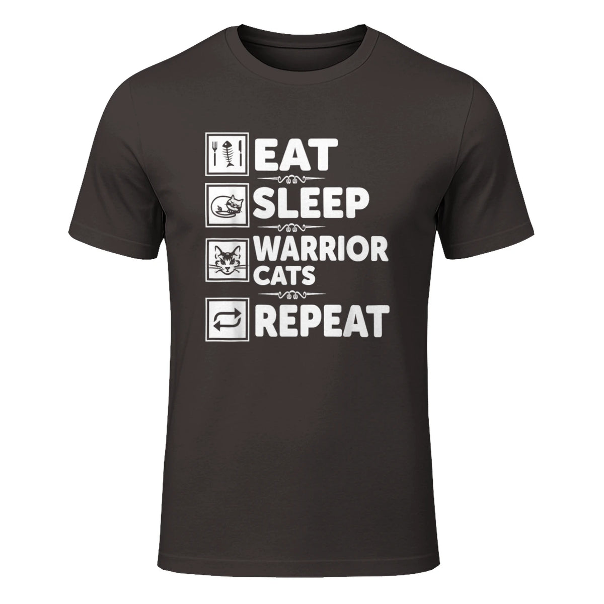 Cat & Cats Lover - Eat Sleep Warrior Cat Repeat - Cat T-Shirt in Dark Chocolate - front view