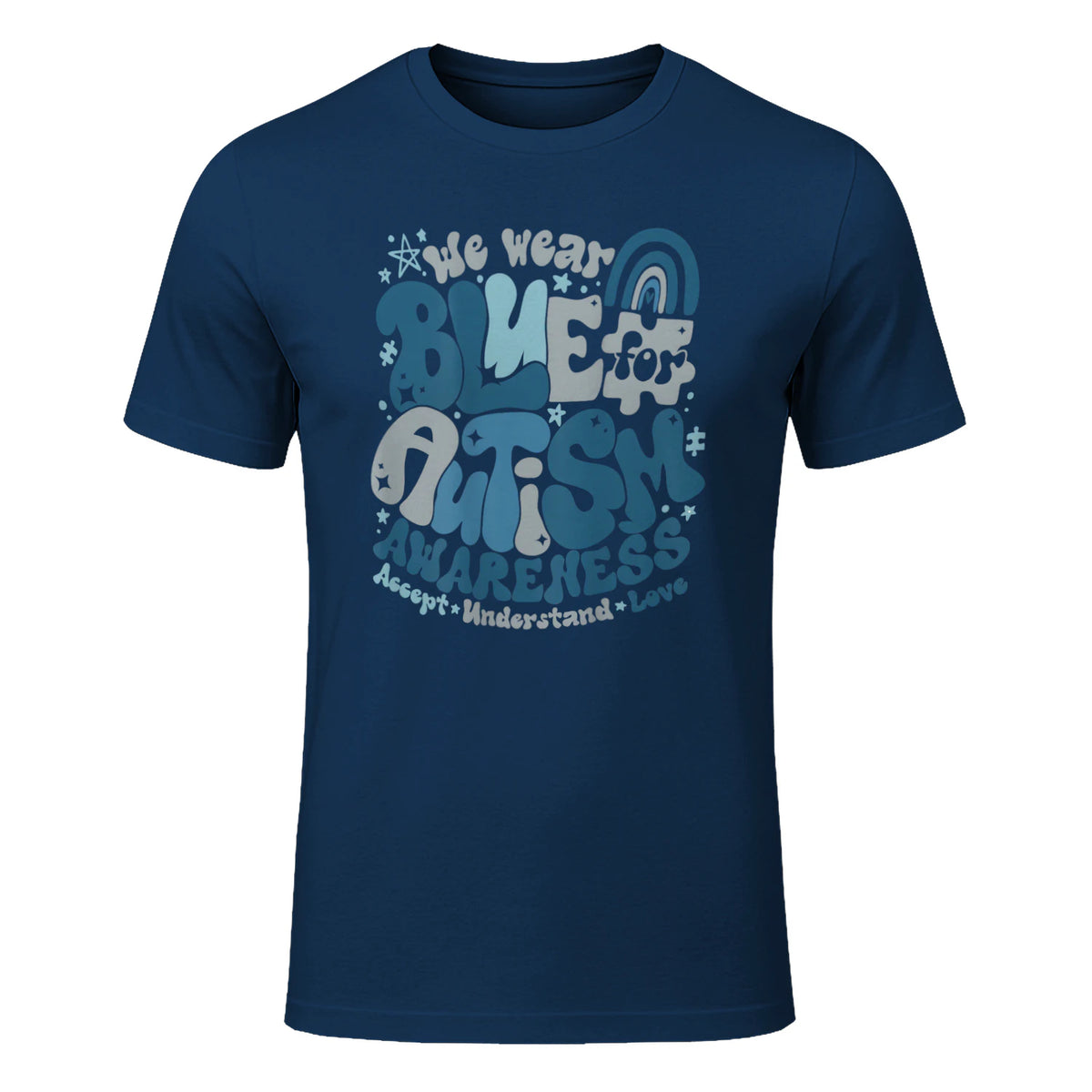 In April We Wear Blue Autism Awareness T-Shirt in Navy - front view