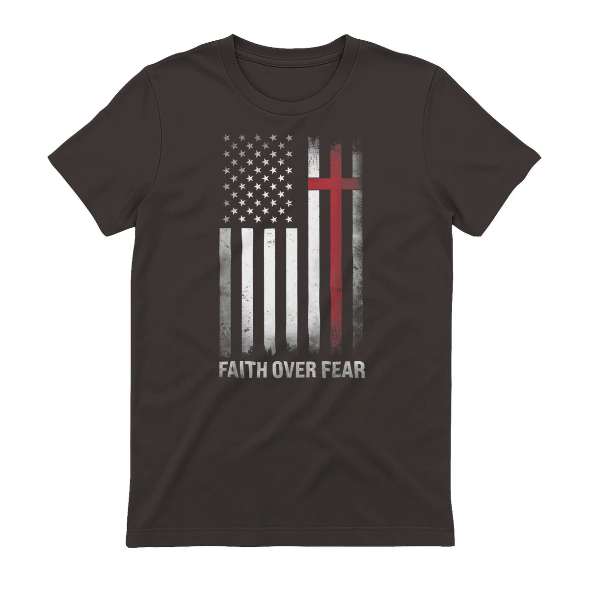 Christian US USA Flag American Christ Faith Over Fear Cross T-Shirt in Dark Chocolate - back view