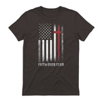 Christian US USA Flag American Christ Faith Over Fear Cross T-Shirt in Dark Chocolate - back view