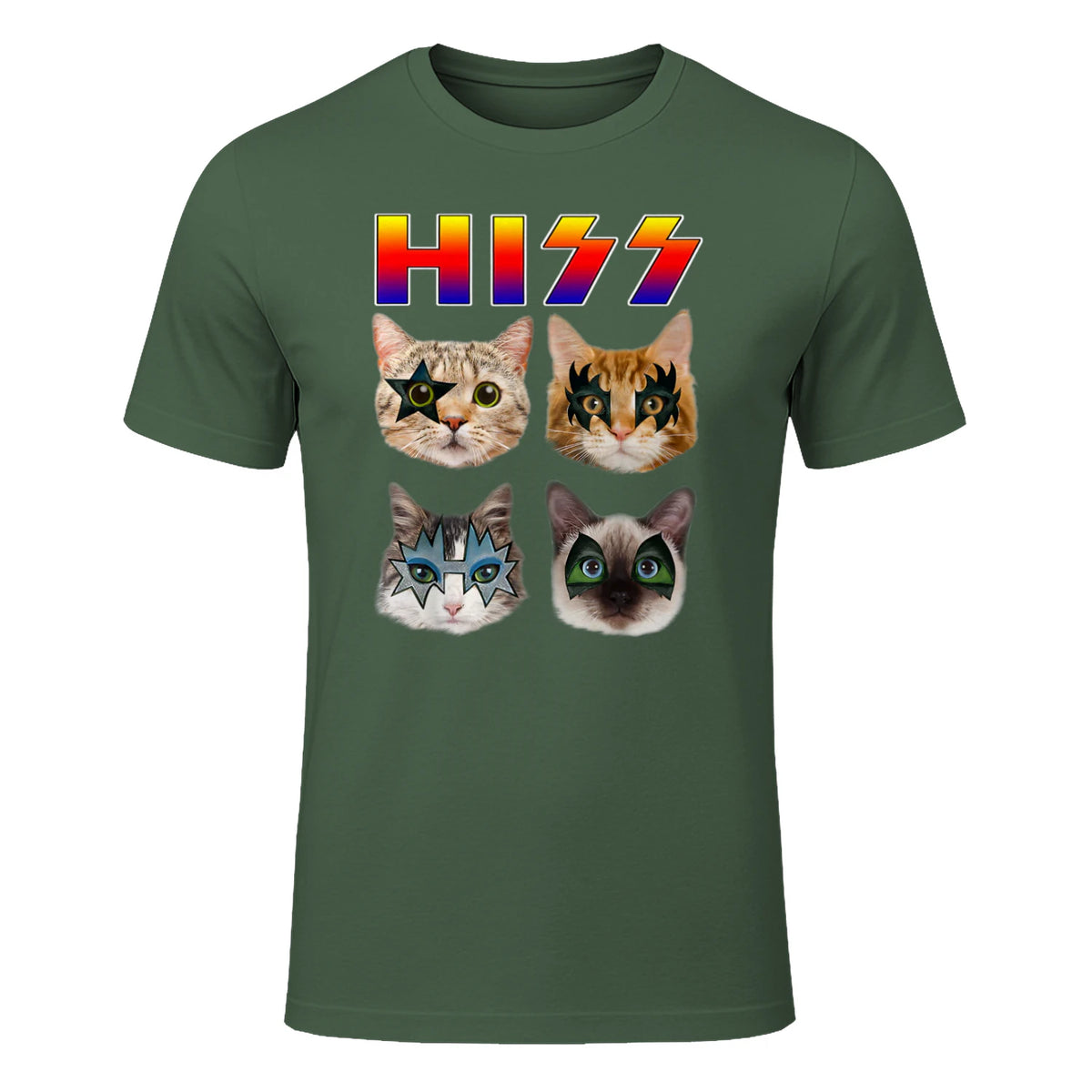 Funny Cat Hiss Rock and Roll For Cat Lover, Cat Dad, Cat mom T-Shirt in Military Green - front view