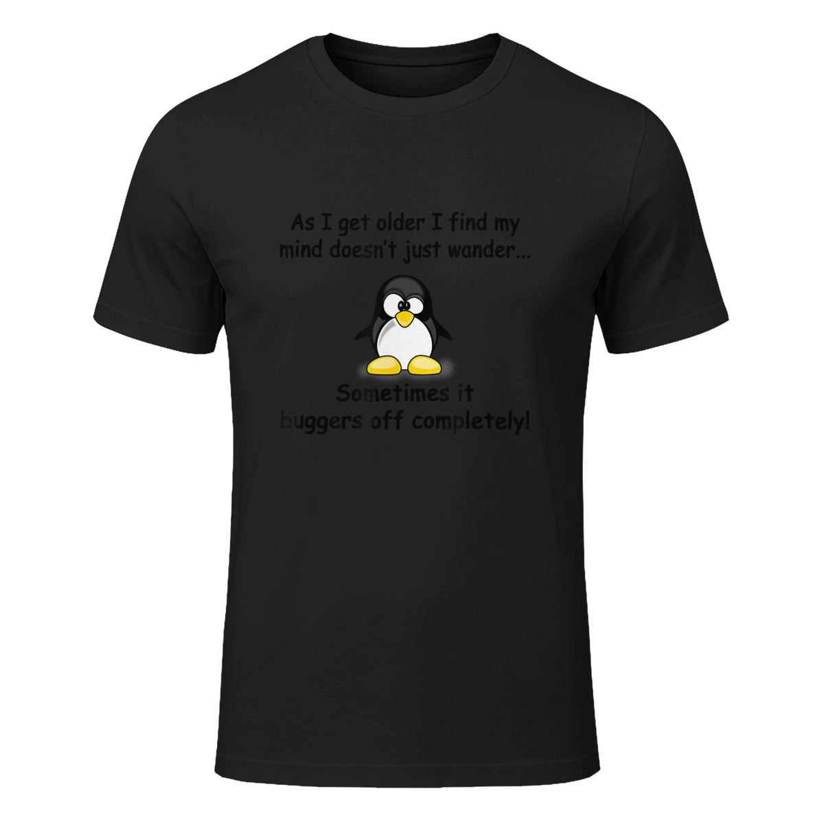 Funny silly penguin t-shirt mens ladies retirement gift in Black - front view