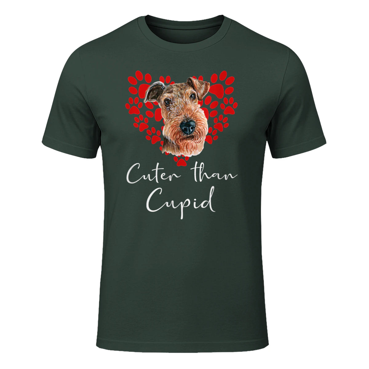 AIREDALE TERRIER Cuter Than Cupid Disant Saint Valentin in Forest Green - front view