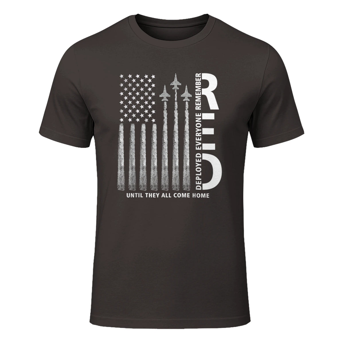 Remember Everyone Deployed RED Friday Military American Flag T-Shirt in Dark Chocolate - front view