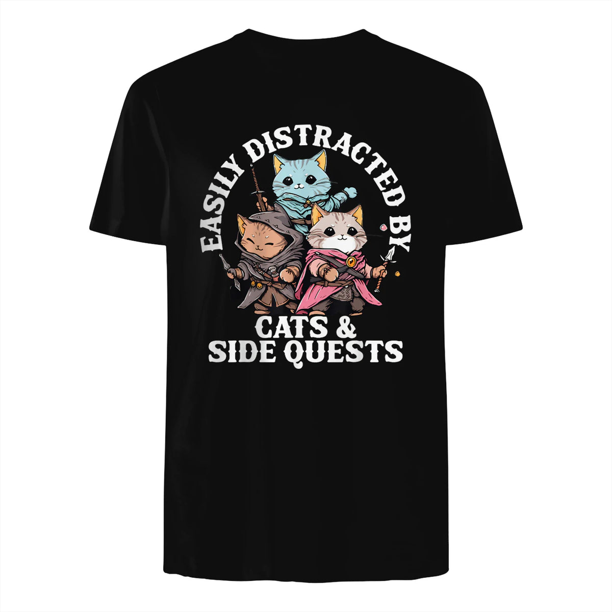 Cats Side Quest Funny Tabletop T-Shirt in Black - back view