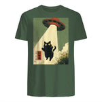 Vintage Japanese Cat Alien Cat Dad UFO Abduction Graphic Tee T-Shirt in Military Green - back view