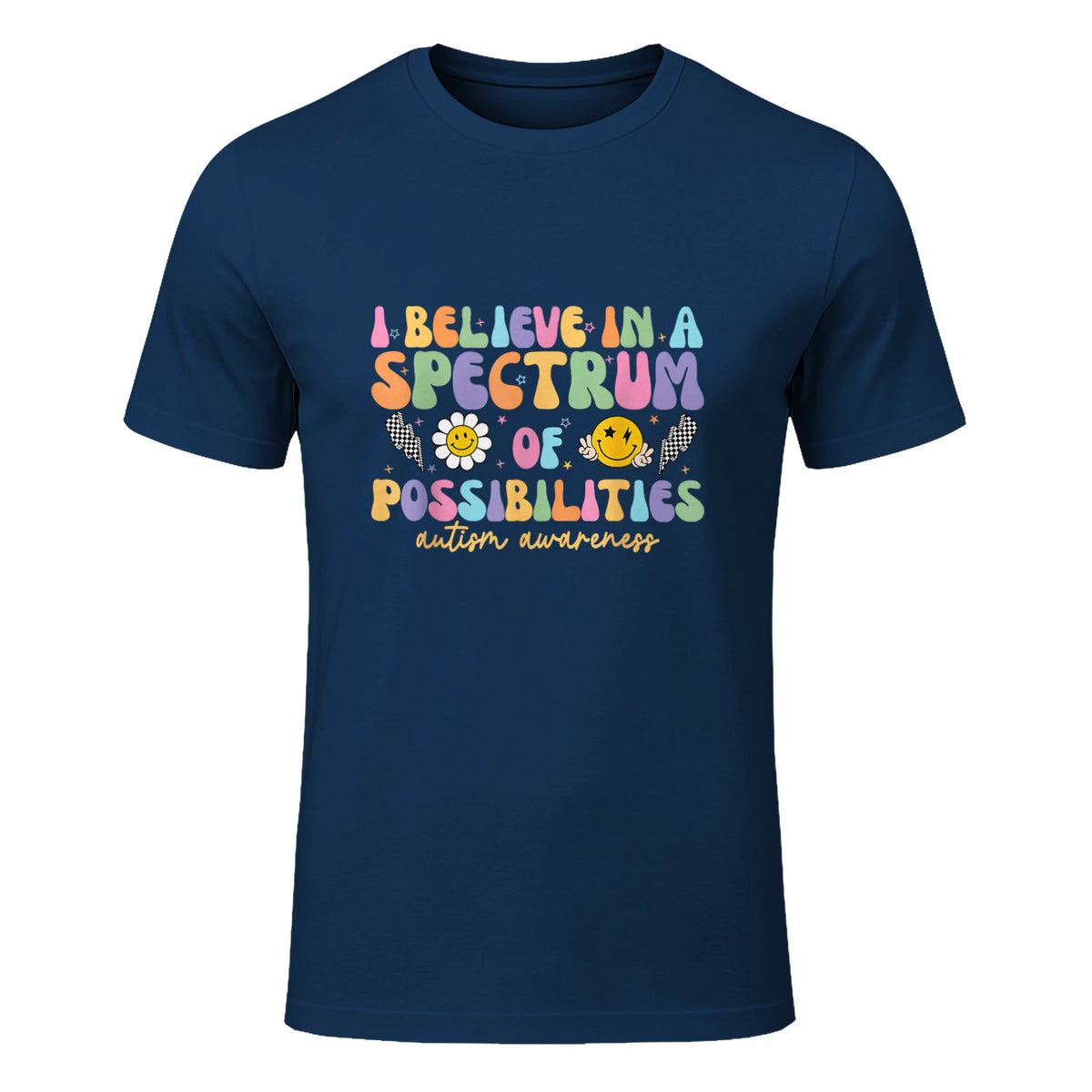 I Believe in A Spectrum of Possibilities Autism Awareness in Navy - front view