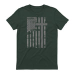 (Art) American Flag Christian Faith Cross Patriotic T-Shirt in Forest Green - back view