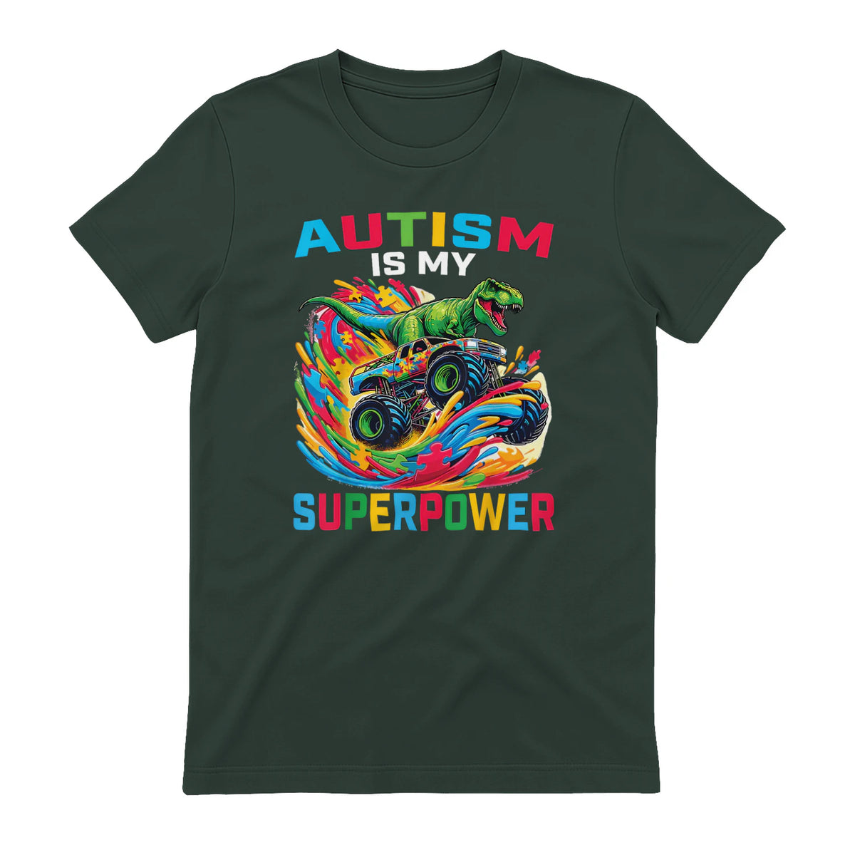 Autism is My Superpower Dino T Rex Monster Truck Kids Boys in Forest Green - back view
