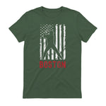 Boston Massachusetts American Flag Baseball Weathered T-Shirt in Military Green - back view