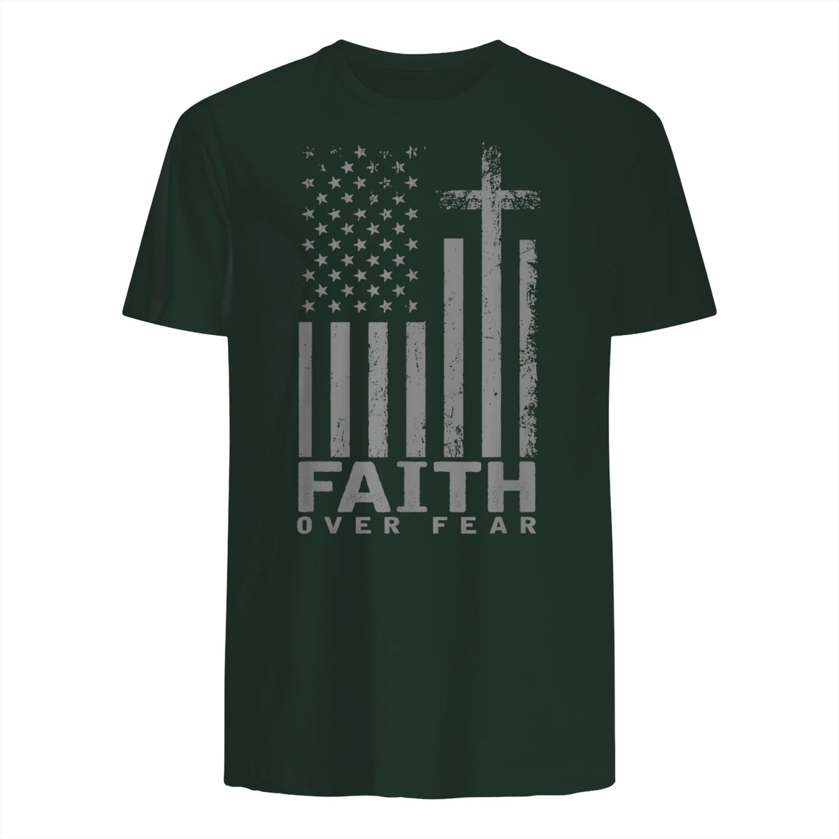 America Pride US Flag Faith Over Fear Prayer T-Shirt in Forest Green - back view