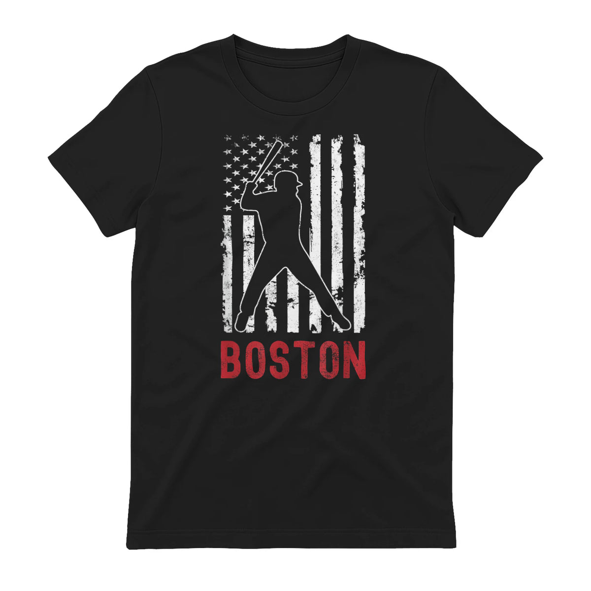 Boston Massachusetts American Flag Baseball Weathered T-Shirt in Black - back view