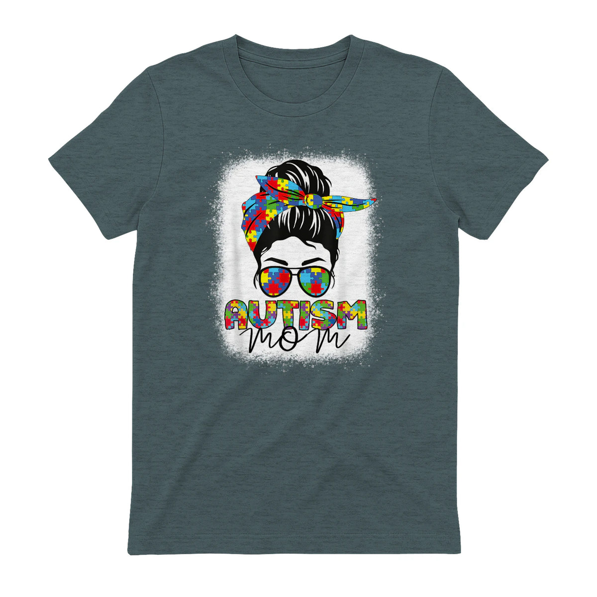 Autism Mom Life Messy Bun T-Shirt in Dark Heather - back view