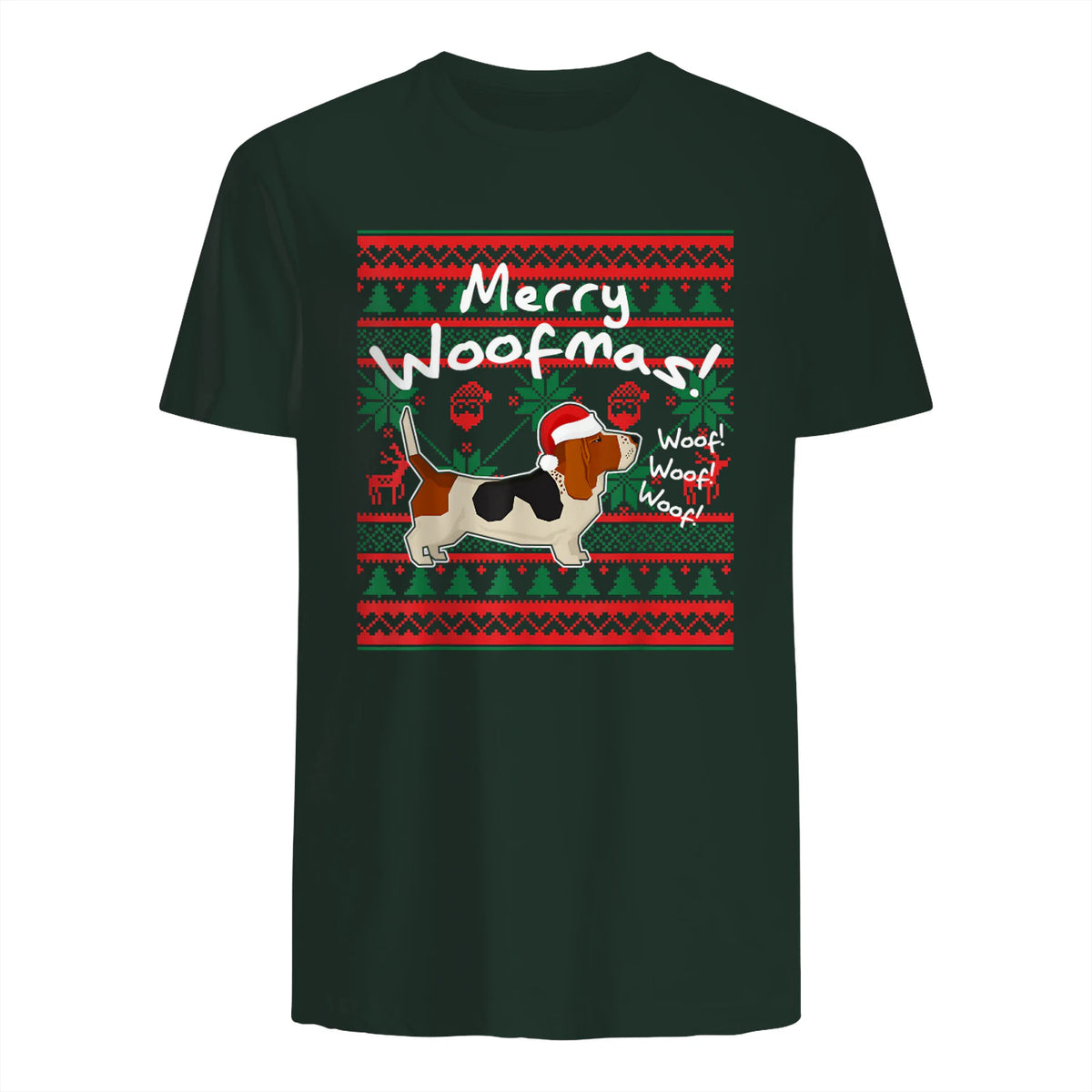 Basset Hound Chemise de Noël Merry Woofmas Père Noël Chien in Forest Green - back view