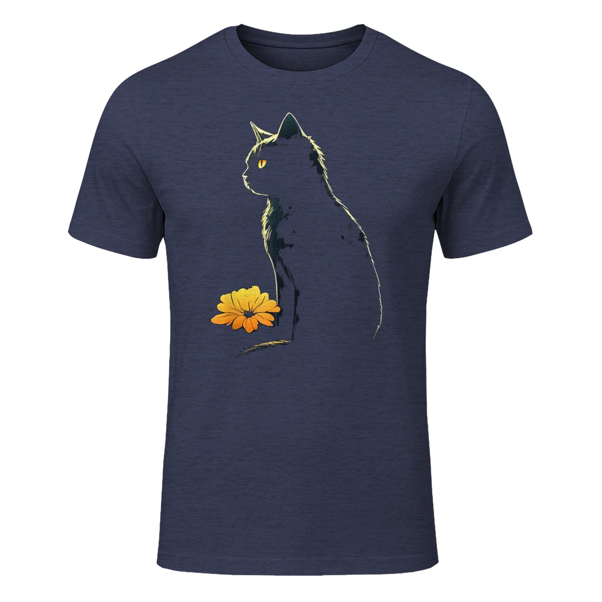 Cat Artwork - Flowers Art Cat Motif Animal Cat T-Shirt in Heather Navy - front view