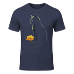 Cat Artwork - Flowers Art Cat Motif Animal Cat T-Shirt in Heather Navy - front view